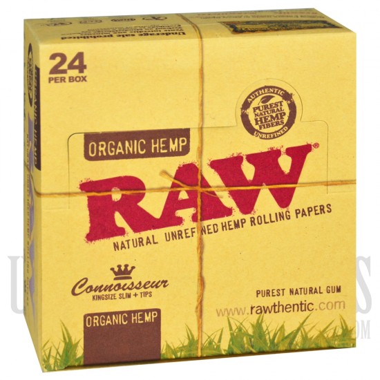 RAW Original Hemp Connoisseur Kingsize Slim + Tips. 24 Per Box. 32 Leaves Each