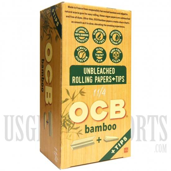 CP-608 OCB 1 1/4 Bamboo + Tips Unbleached Rolling Papers + Tips | 24 Packs | 50 Leaves | 50 Tips