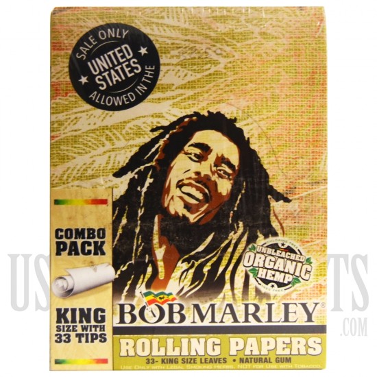 CP21 Bob Marley Rolling Papers | King Size + 33 Tips | Combo Pack | Unbleached Organic Hemp Papers | Long Leaves | 24 Booklets