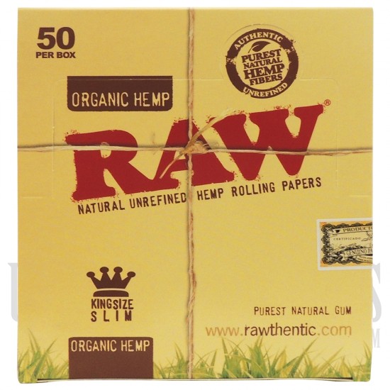 Raw Organic Hemp King Size Slim 50 Per Box | 32 Leaves Per Pack