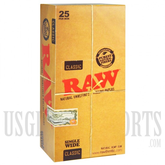 RAW Classic Single Wide Papers. 25 Per Box. 100 Leaves Each.