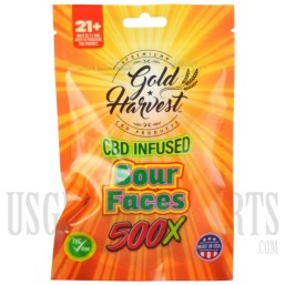 GH-108-7 Gold Harvest CBD Infused Gummy Sour Faces. 20 Count / 500mg total. Sold Individual or Display Box