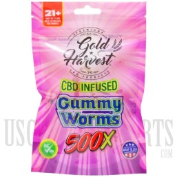 GH-108-9 Gold Harvest CBD Infused Gummy Worms. 20 Count / 500mg total. Sold Individual or Display Box